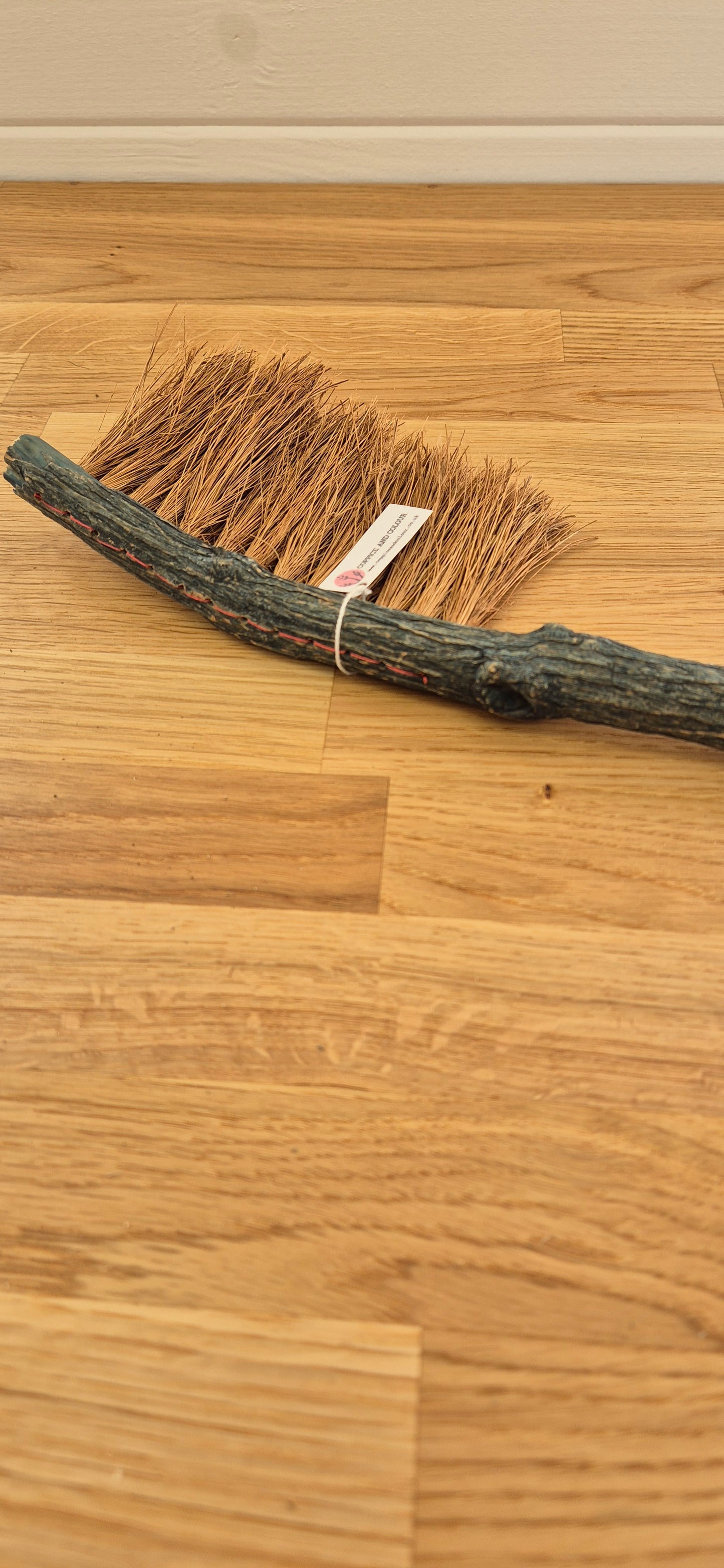 047 - Handcrafted Indigo-Dyed Driftwood Household Brush - Coconut Fibre & Red Waxed Linen Stitching