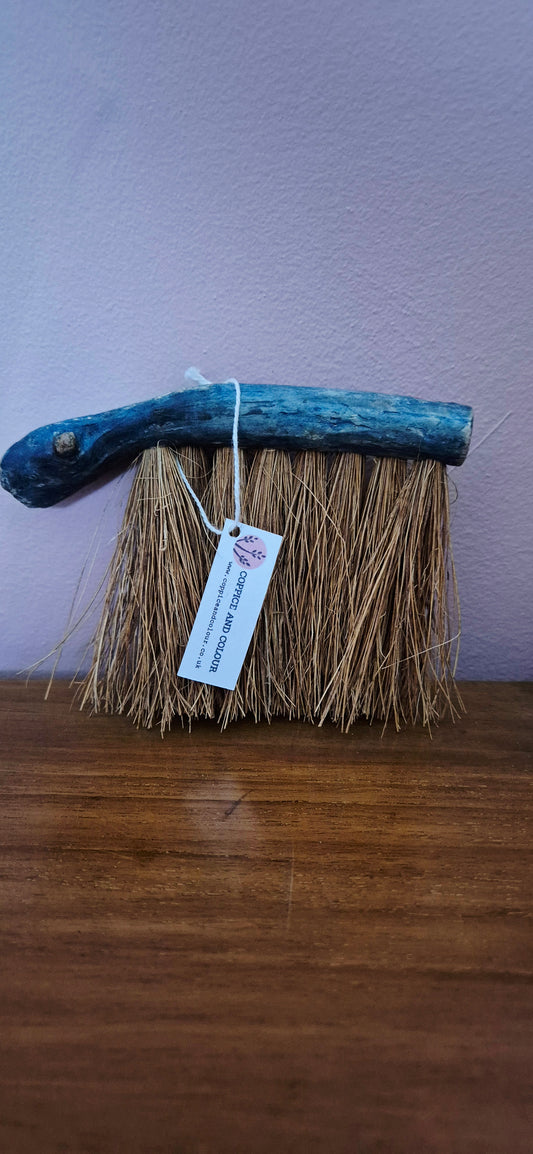 031 Handcrafted Indigo Dyed Driftwood Household Brush – Coconut Fibre & Red Linen Stitching