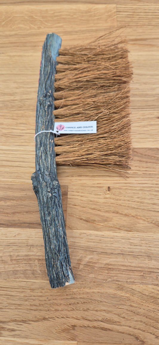 047 - Handcrafted Indigo-Dyed Driftwood Household Brush - Coconut Fibre & Red Waxed Linen Stitching